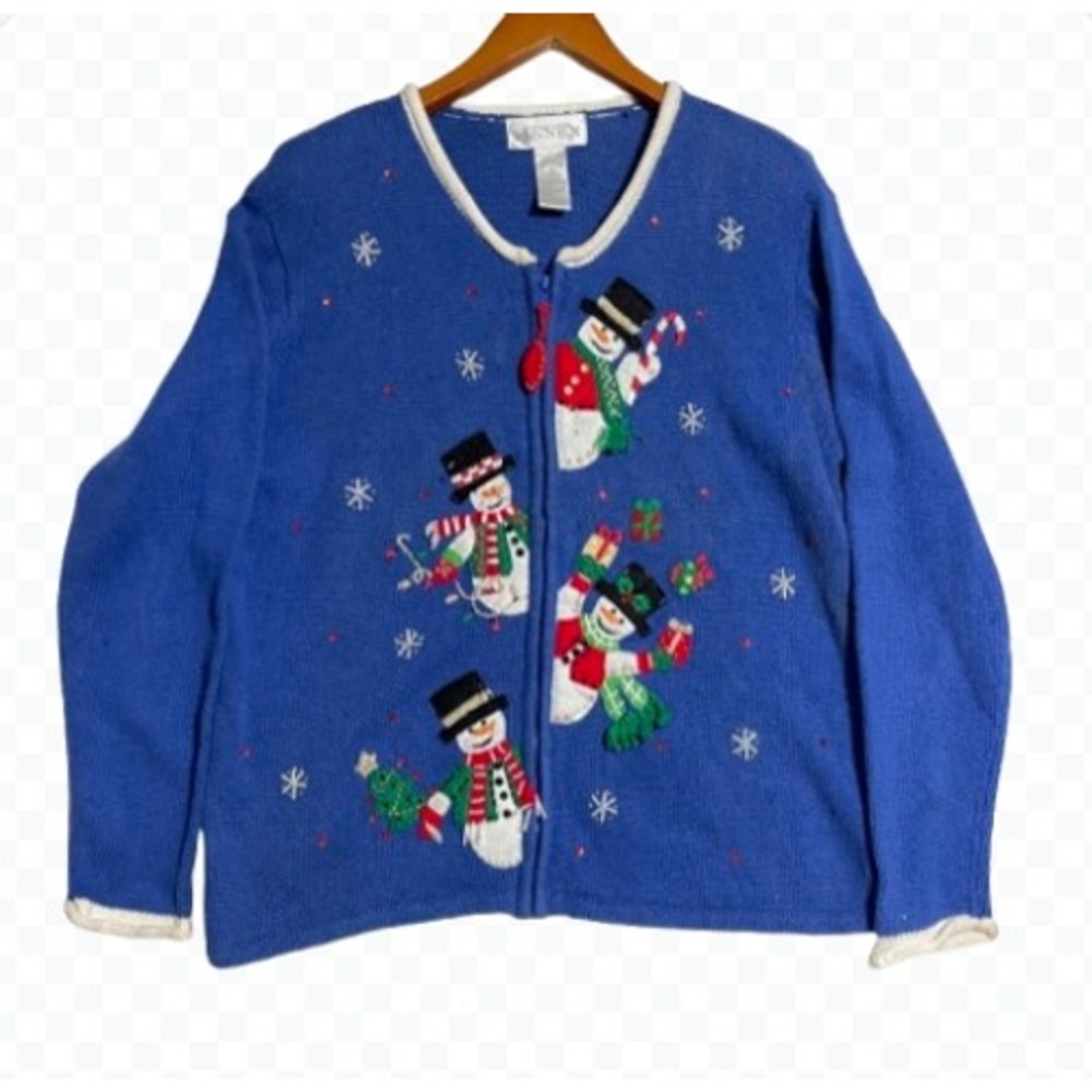 Annex Christmas Cardigan Sweater Snowman Holiday Knit Blue‎ - Size 8